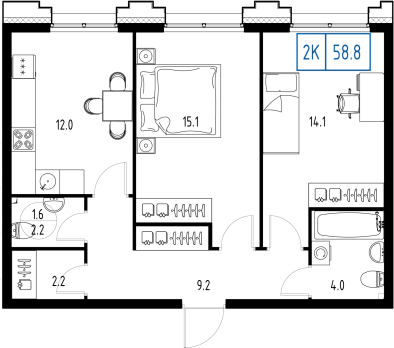 2 комн. квартира, 58.8 м², 2 этаж 