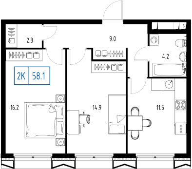 2 комн. квартира, 58.1 м², 7 этаж 