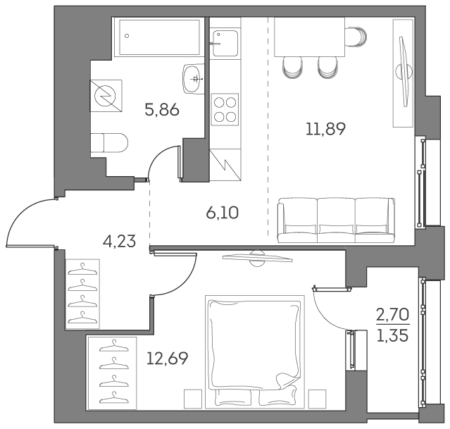 2 комн. квартира, 42.1 м², 5 этаж 