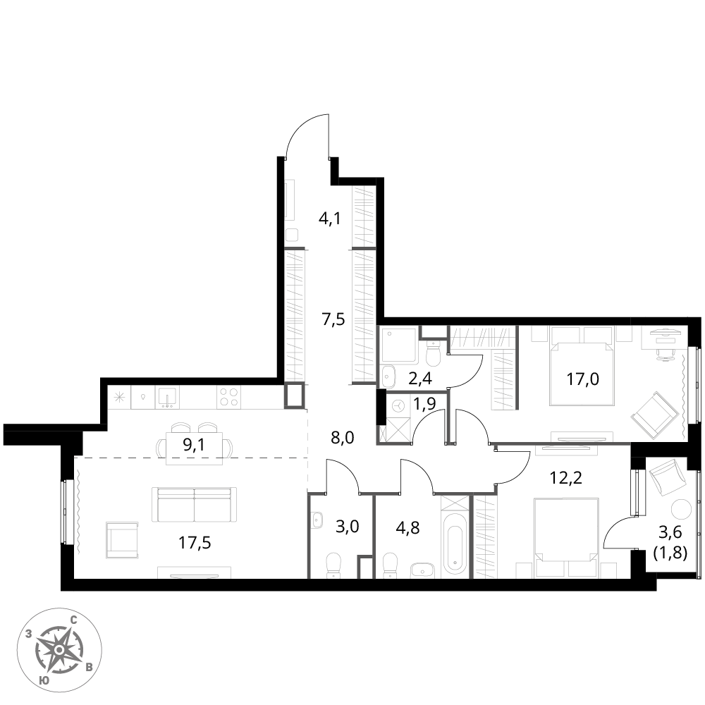 3 комн. квартира, 89.3 м², 2 этаж 