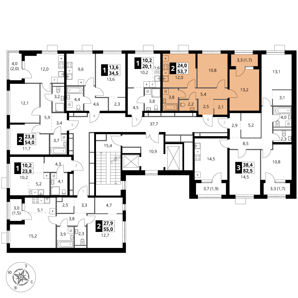 2 комн. квартира, 53.7 м², 4 этаж 