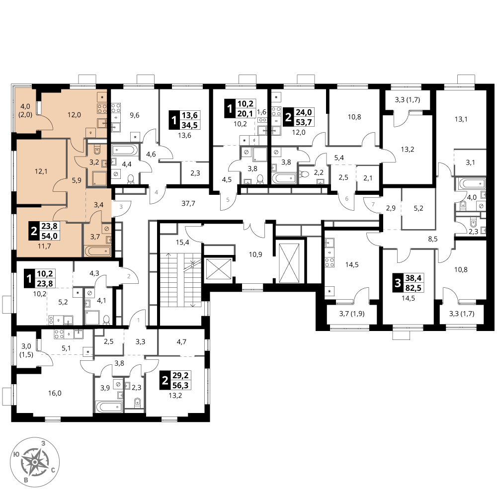 2 комн. квартира, 54 м², 16 этаж 