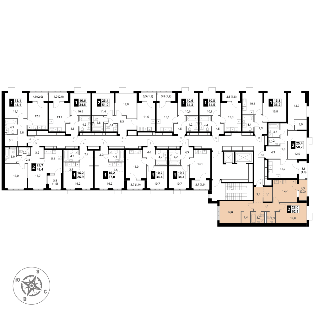 2 комн. квартира, 62.9 м², 2 этаж 