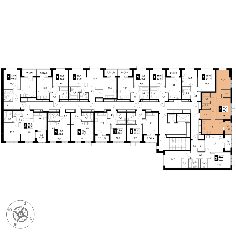 2 комн. квартира, 58.7 м², 5 этаж 