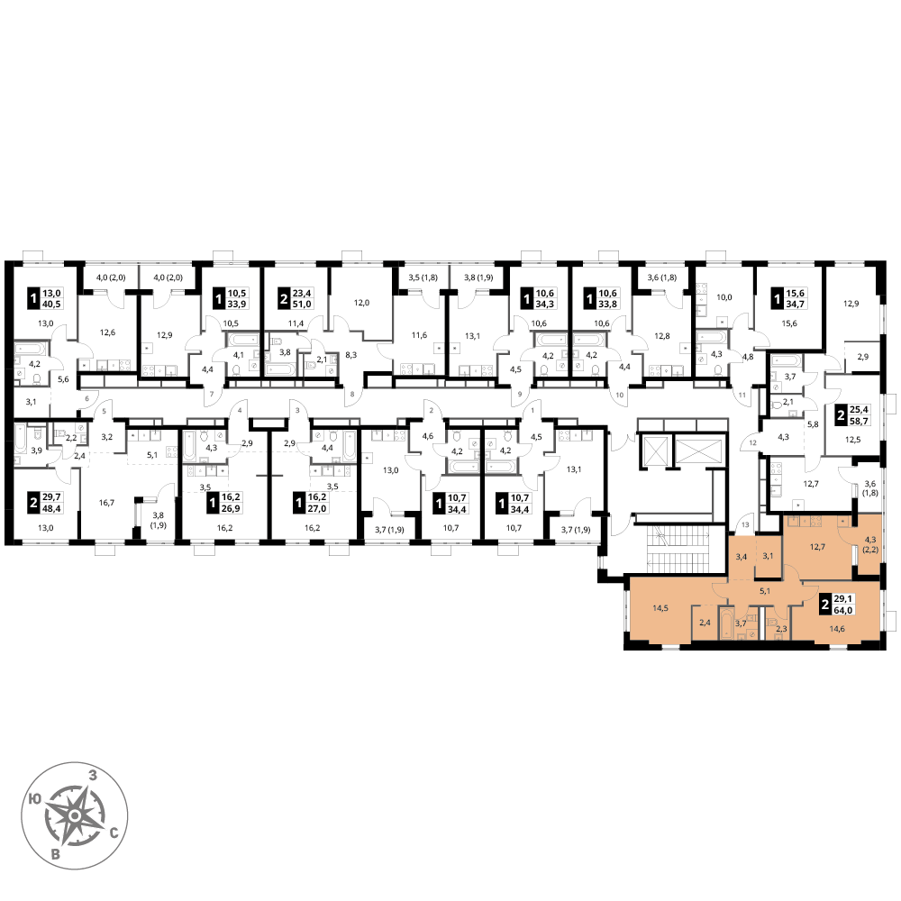 2 комн. квартира, 64 м², 11 этаж 