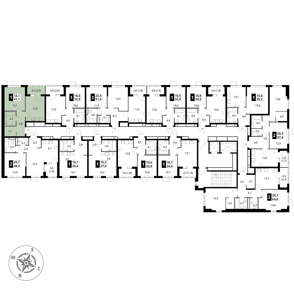 1 комн. квартира, 41.1 м², 12 этаж 