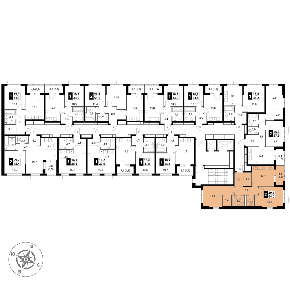 2 комн. квартира, 64 м², 12 этаж 
