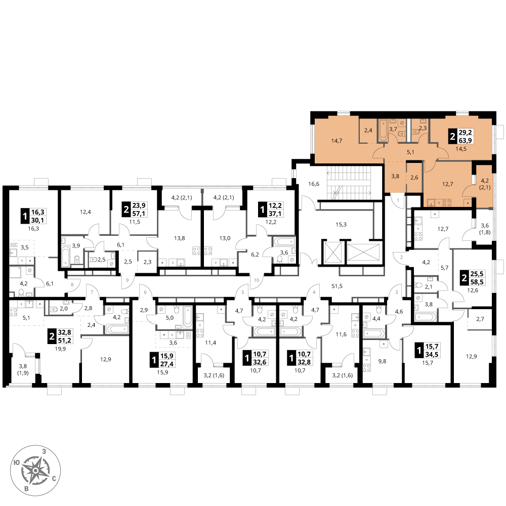 2 комн. квартира, 63.9 м², 11 этаж 