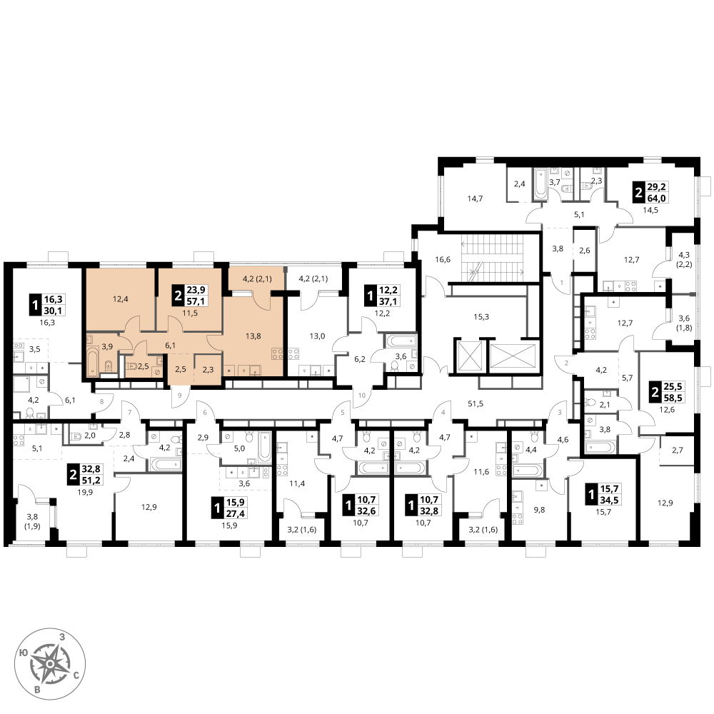 2 комн. квартира, 57.1 м², 15 этаж 