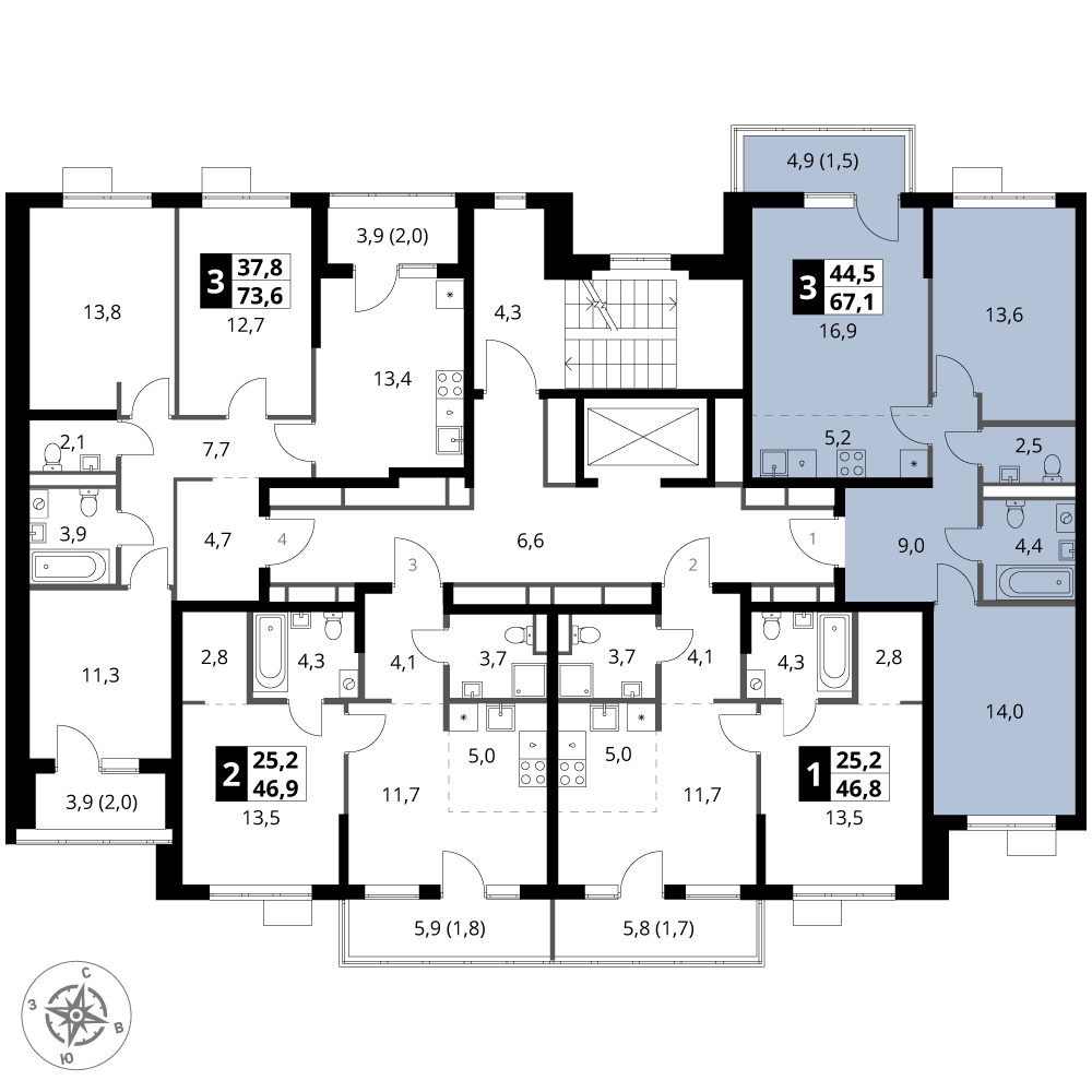3 комн. квартира, 67.1 м², 6 этаж 