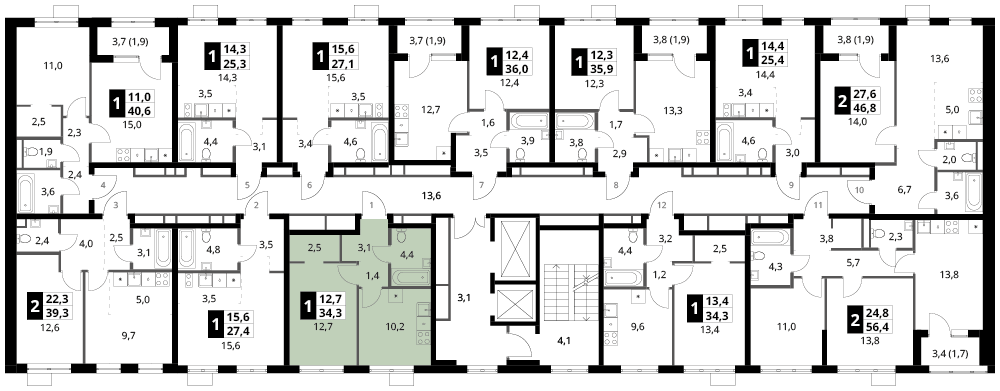 1 комн. квартира, 34.3 м², 2 этаж 