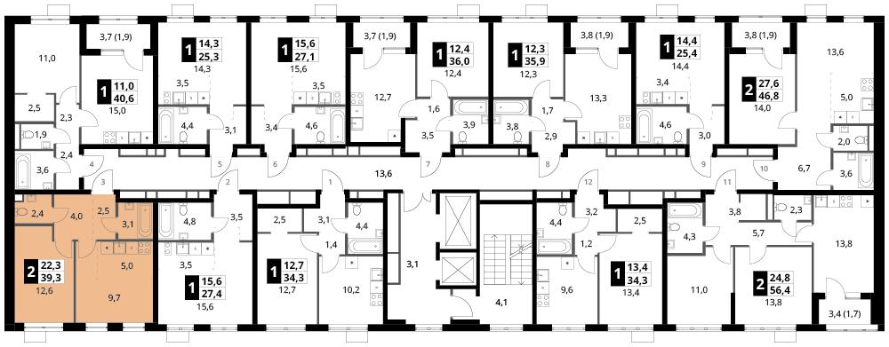 2 комн. квартира, 39.3 м², 2 этаж 