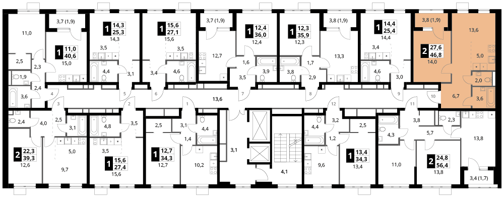2 комн. квартира, 46.8 м², 11 этаж 