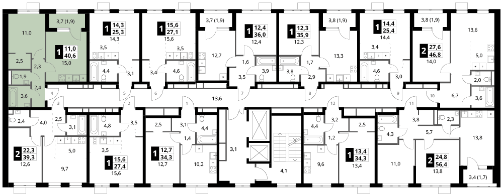 1 комн. квартира, 40.6 м², 12 этаж 