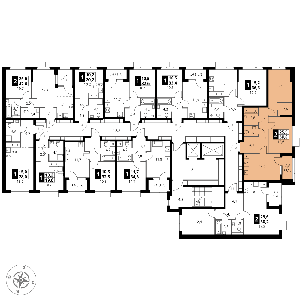 2 комн. квартира, 59.8 м², 7 этаж 