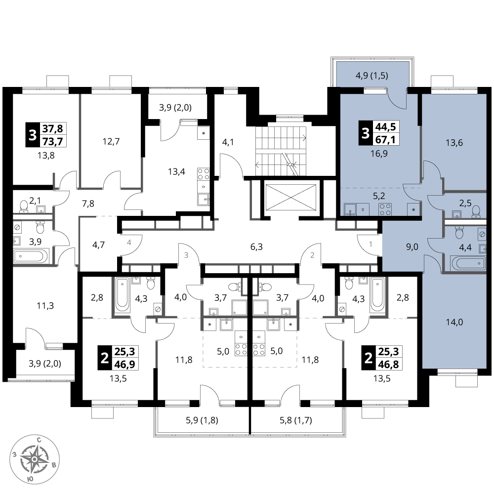 3 комн. квартира, 67.1 м², 8 этаж 