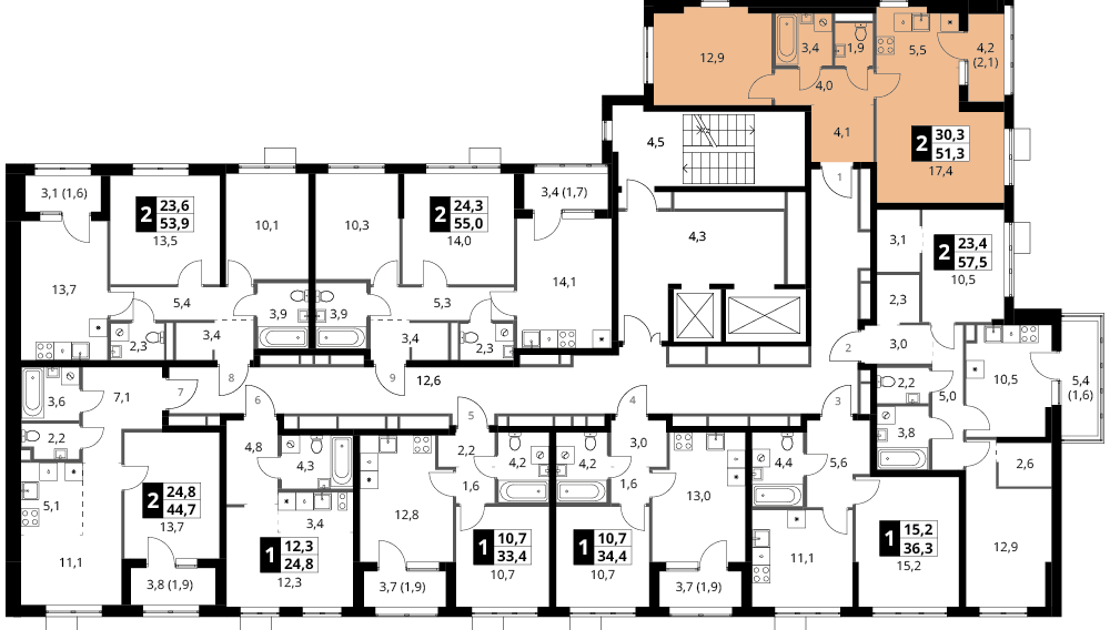 2 комн. квартира, 51.3 м², 11 этаж 