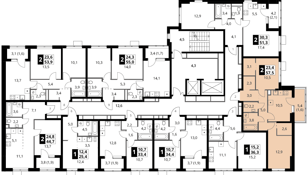 2 комн. квартира, 57.5 м², 13 этаж 