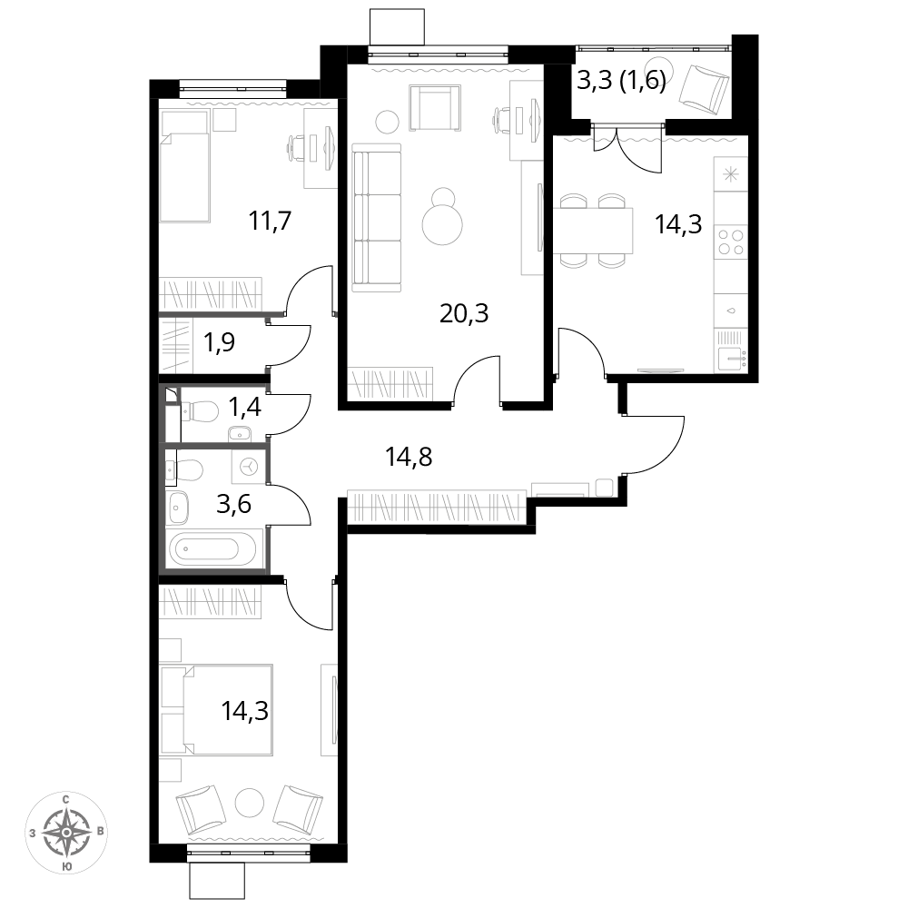 3 комн. квартира, 84 м², 11 этаж 