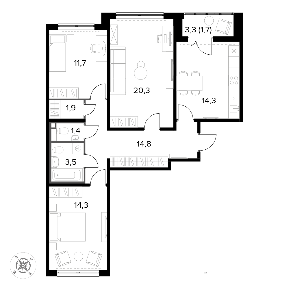 3 комн. квартира, 83.9 м², 12 этаж 