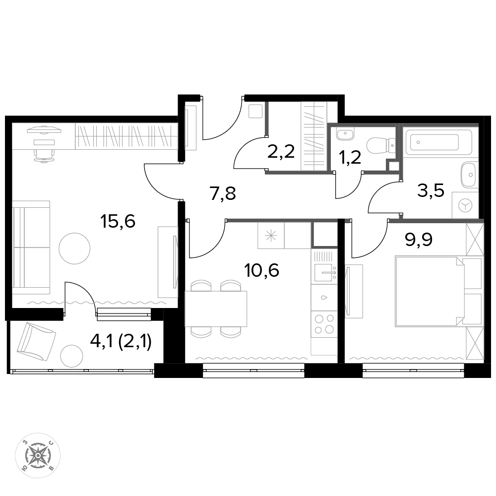 2 комн. квартира, 53 м², 3 этаж 
