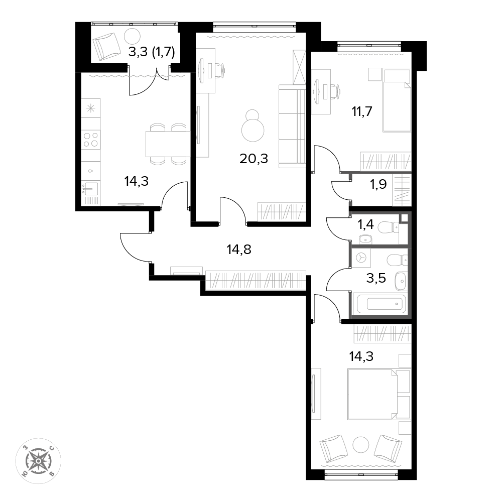 3 комн. квартира, 83.9 м², 10 этаж 