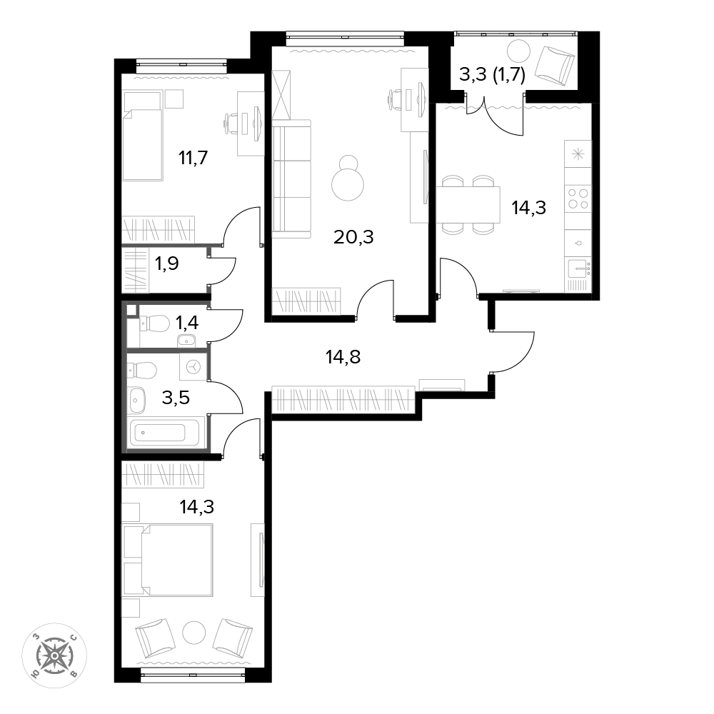 3 комн. квартира, 83.9 м², 14 этаж 