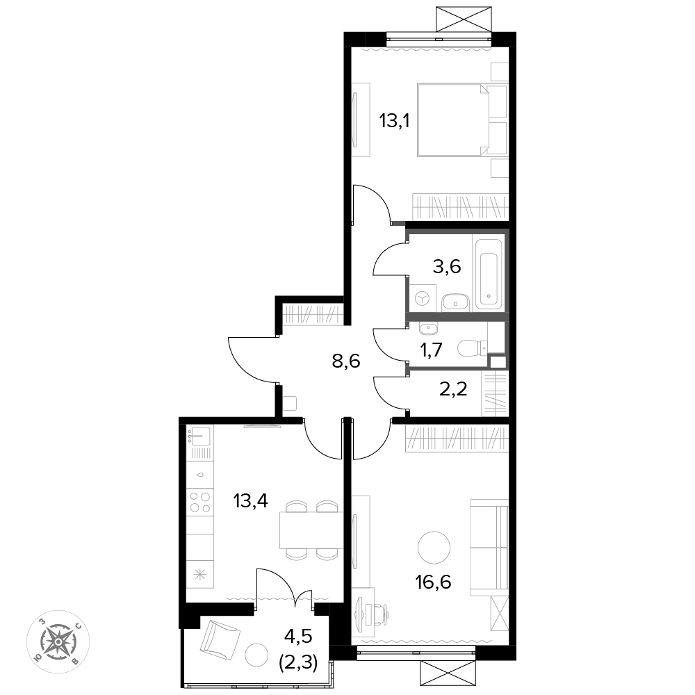 2 комн. квартира, 61.4 м², 14 этаж 