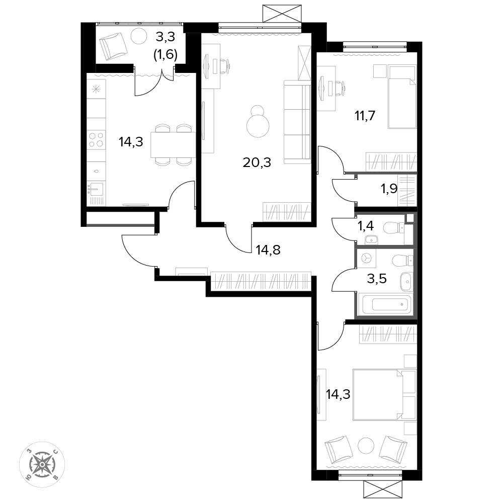 3 комн. квартира, 84 м², 2 этаж 