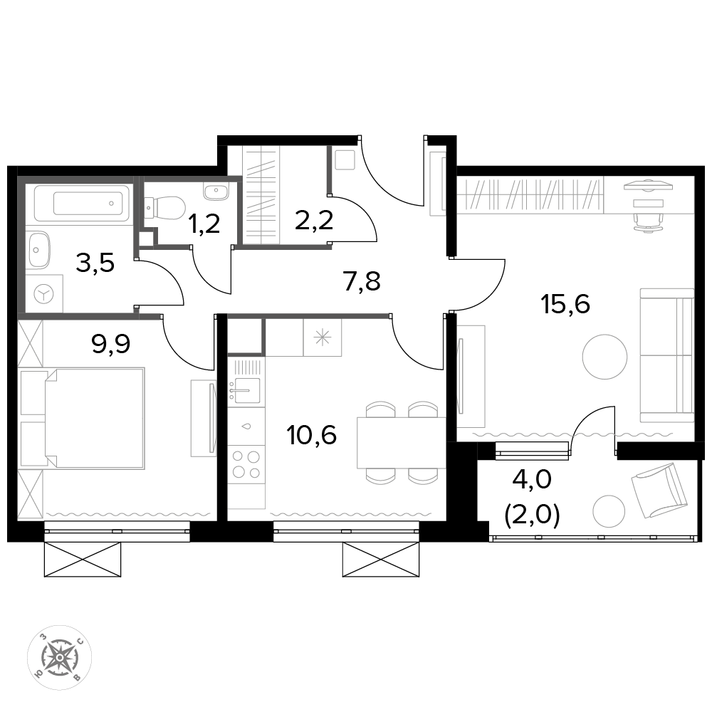 2 комн. квартира, 53.2 м², 8 этаж 