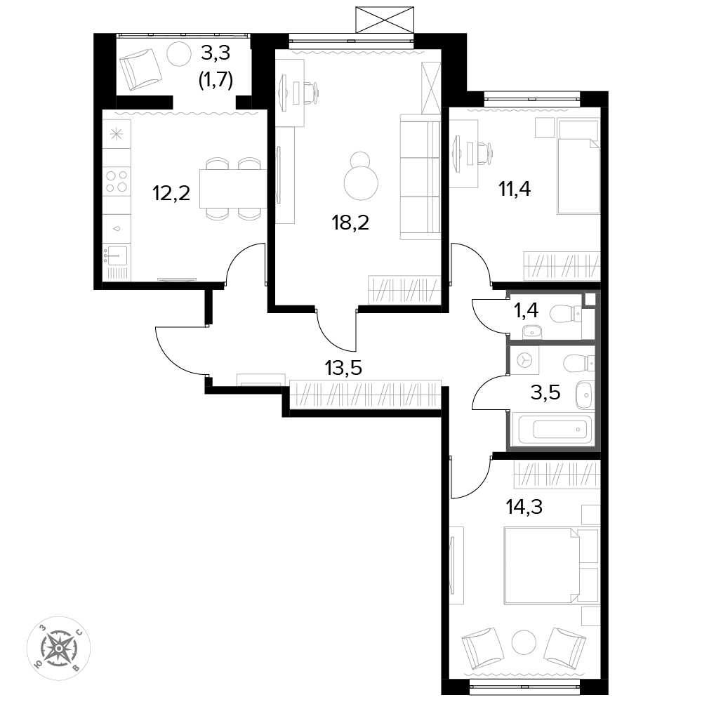 3 комн. квартира, 76.4 м², 14 этаж 