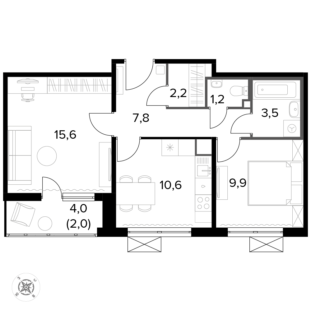 2 комн. квартира, 53.2 м², 7 этаж 