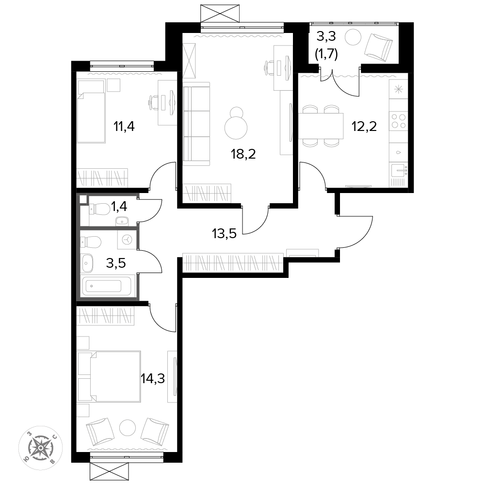 3 комн. квартира, 76.4 м², 8 этаж 
