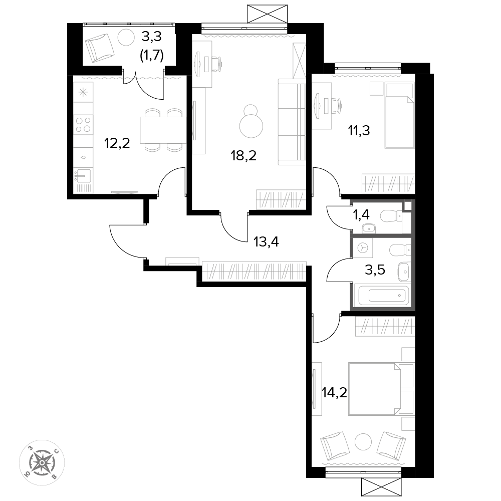 3 комн. квартира, 76.1 м², 9 этаж 