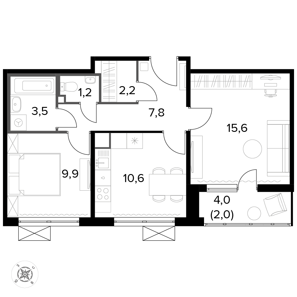 2 комн. квартира, 53.2 м², 11 этаж 