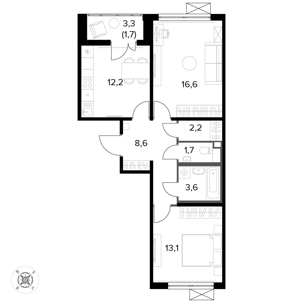 2 комн. квартира, 59.6 м², 7 этаж 