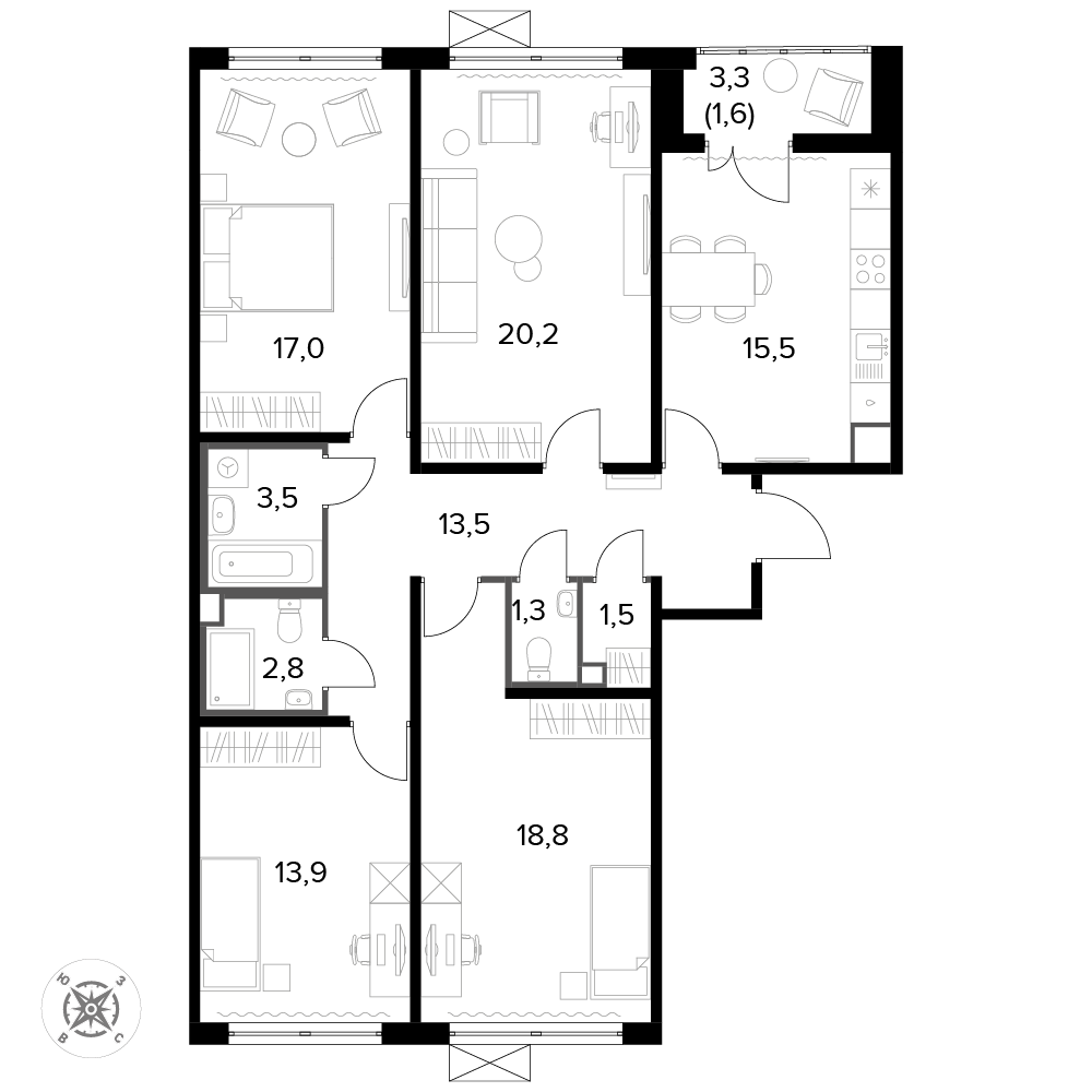 4 комн. квартира, 109.9 м², 12 этаж 