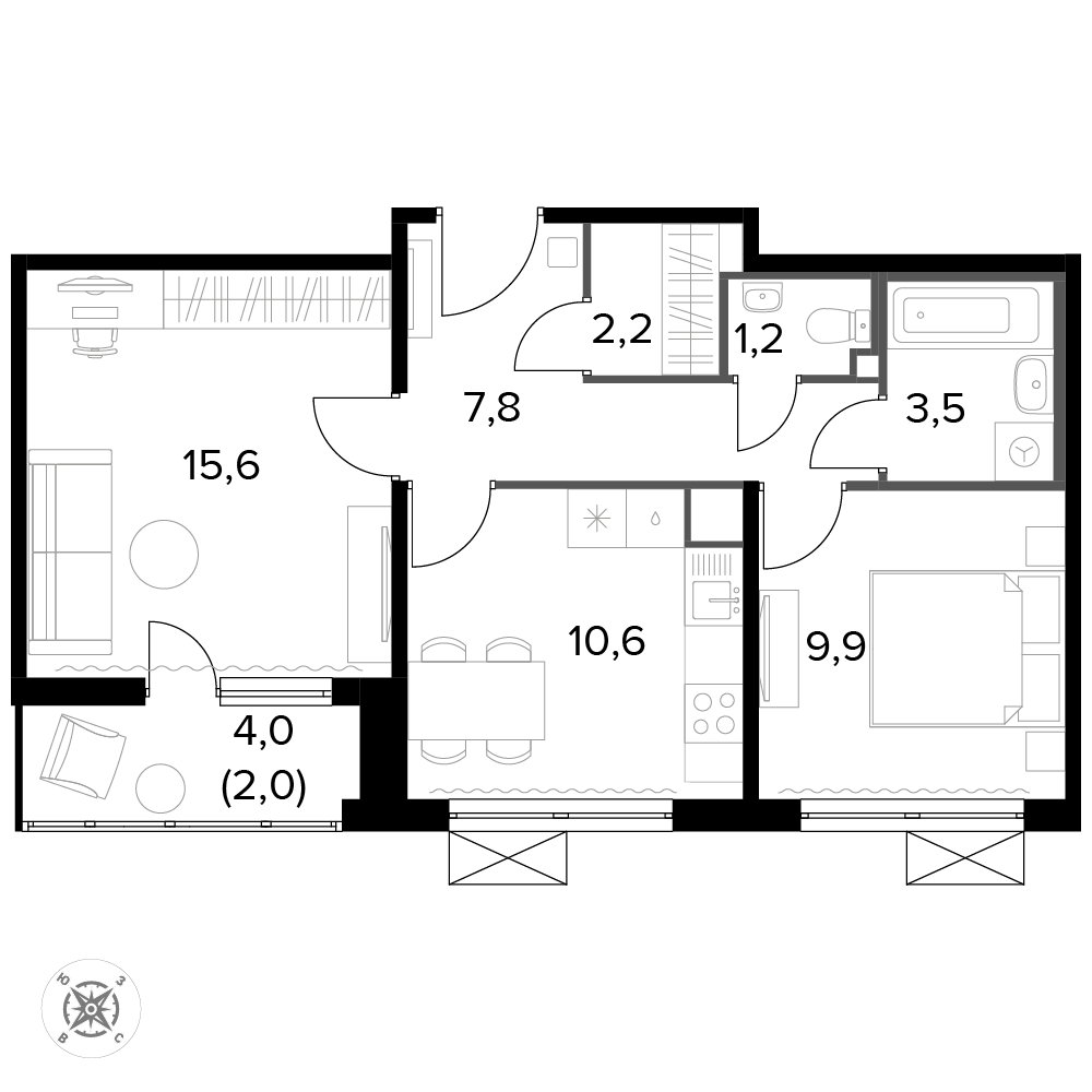 2 комн. квартира, 53.2 м², 10 этаж 