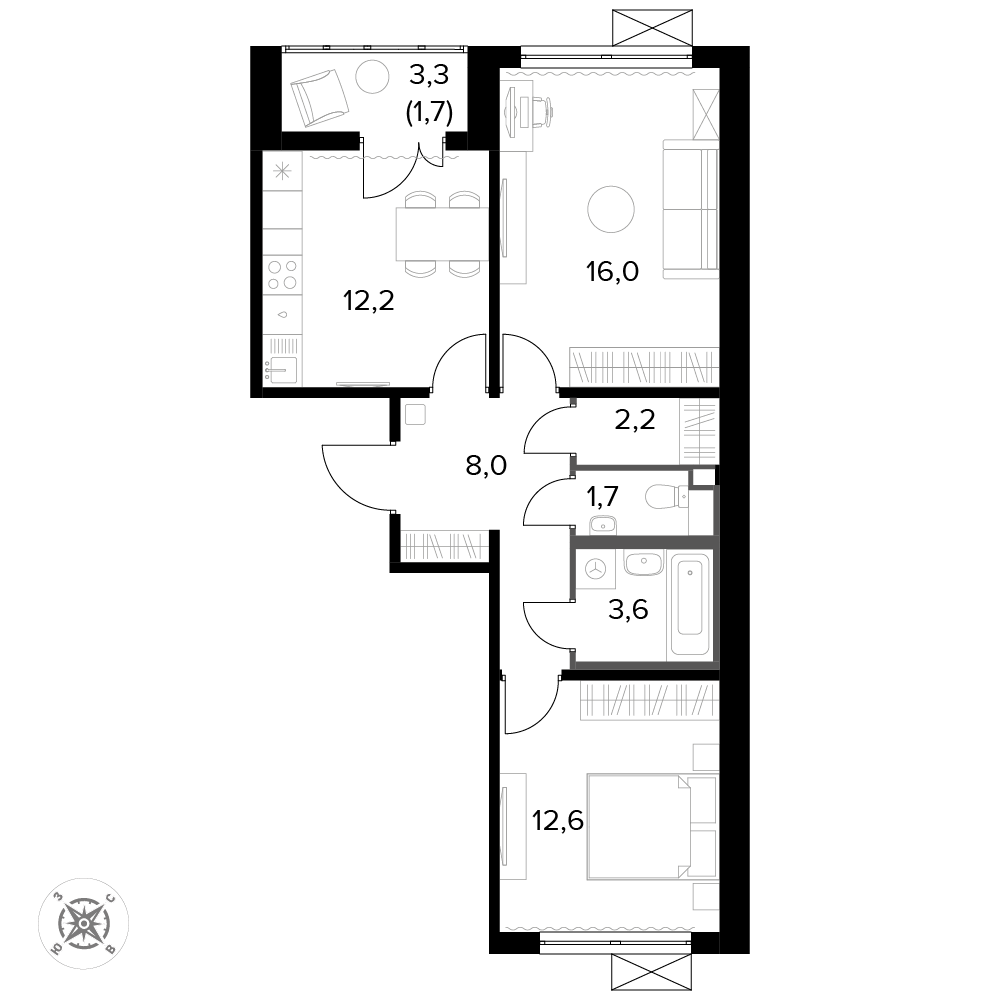 2 комн. квартира, 58.1 м², 13 этаж 