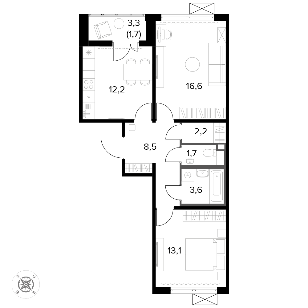 2 комн. квартира, 59.6 м², 11 этаж 