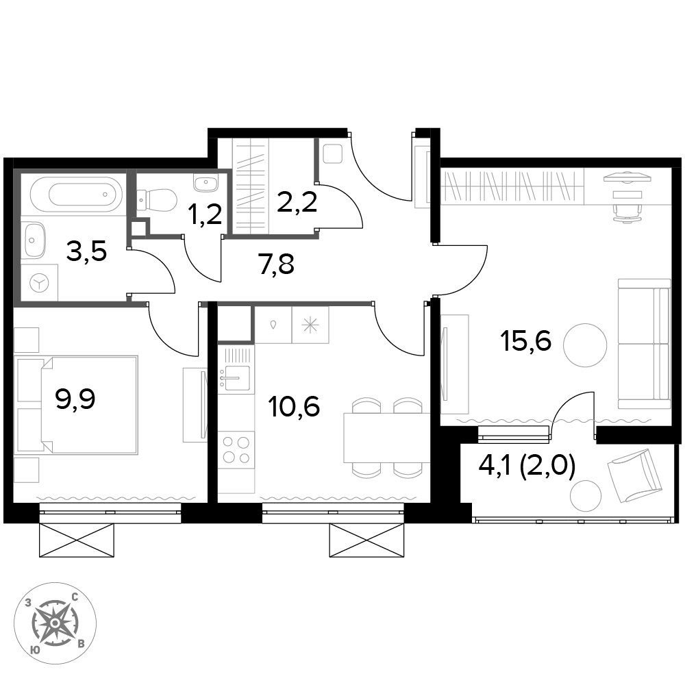 2 комн. квартира, 53 м², 10 этаж 