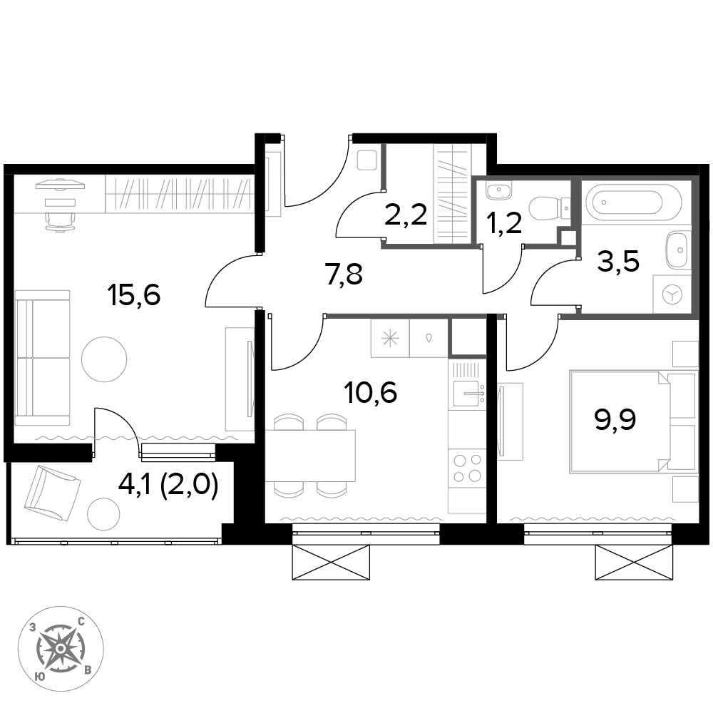 2 комн. квартира, 53 м², 13 этаж 