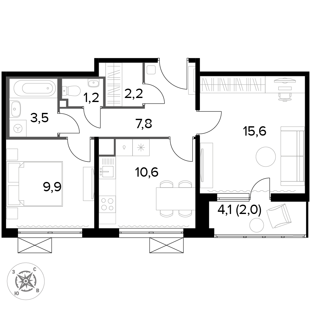 2 комн. квартира, 53 м², 5 этаж 