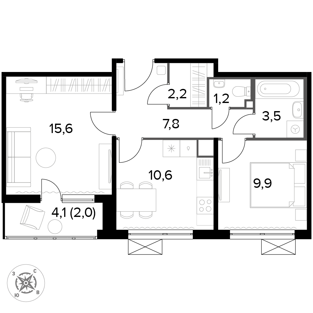 2 комн. квартира, 53 м², 10 этаж 
