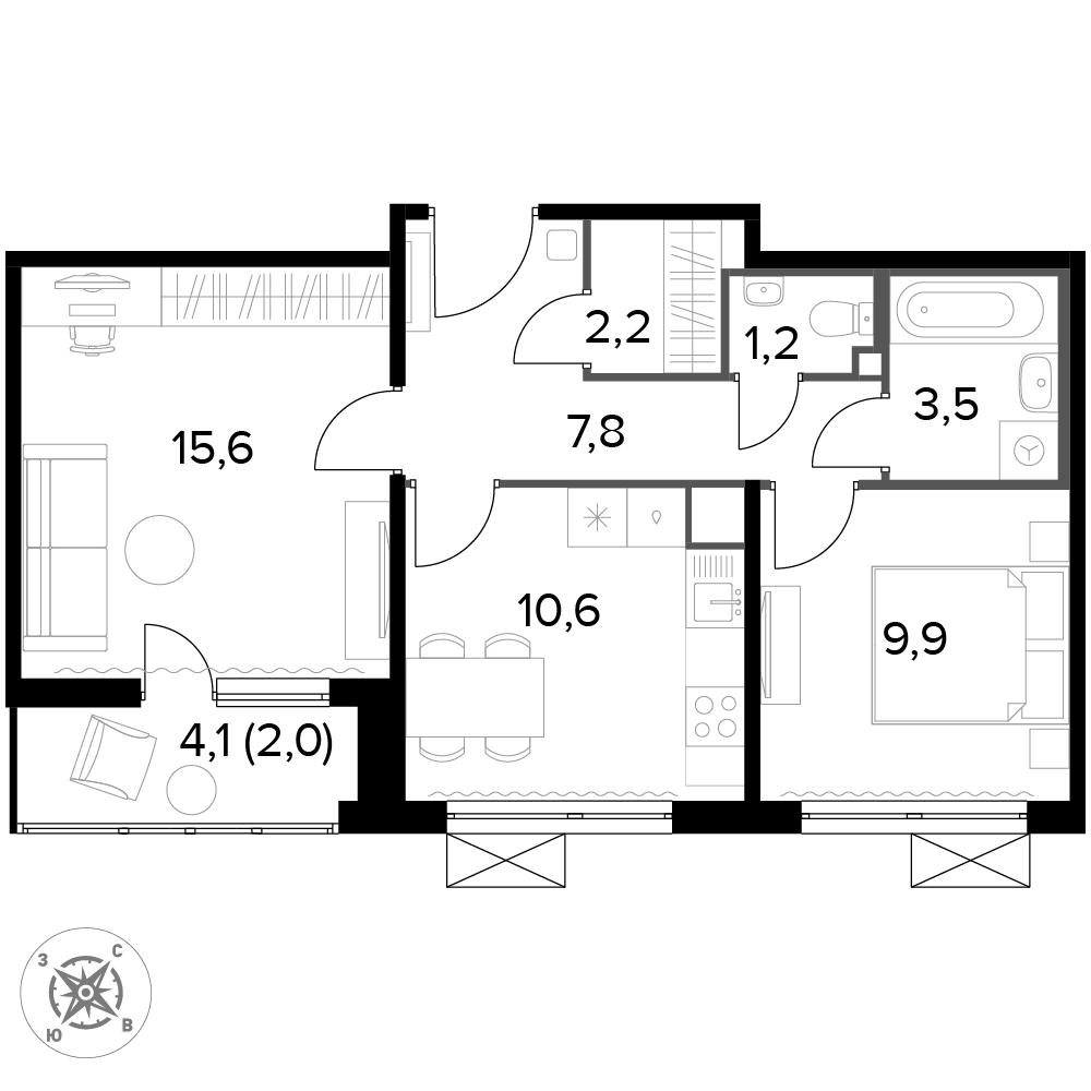 2 комн. квартира, 53 м², 13 этаж 