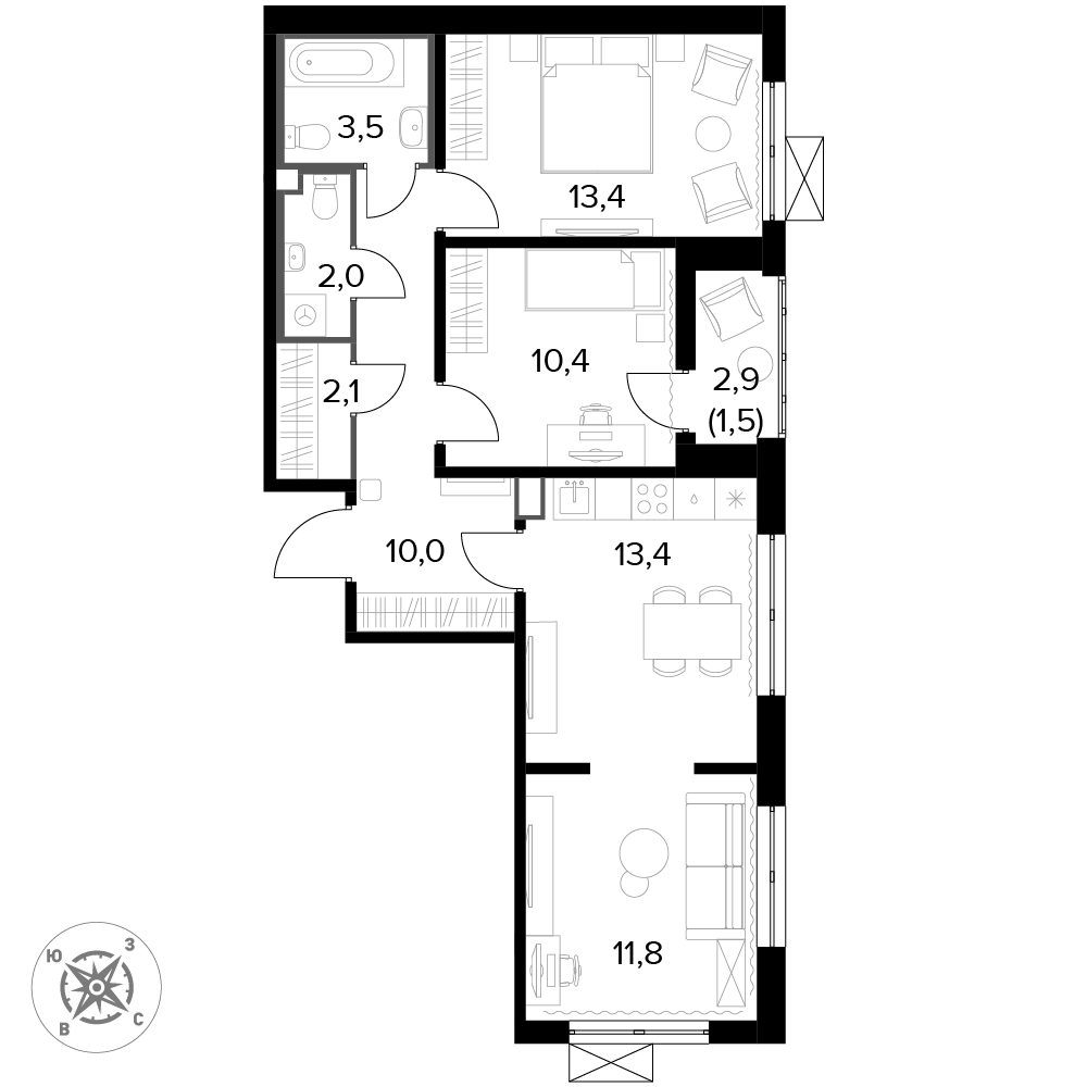 3 комн. квартира, 68.3 м², 7 этаж 