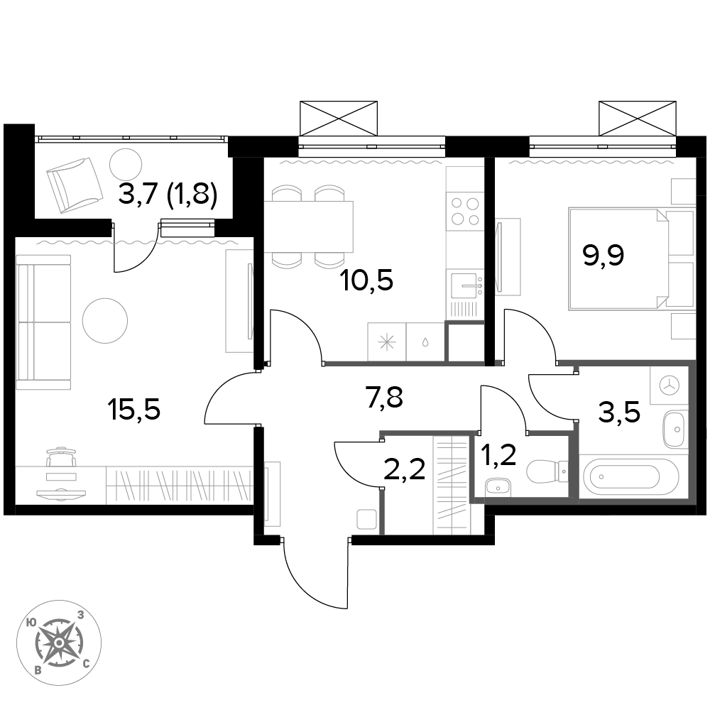 2 комн. квартира, 52.6 м², 13 этаж 