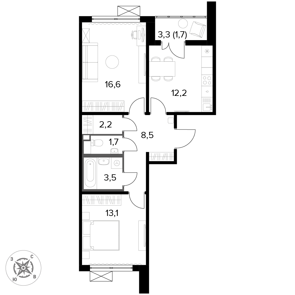 2 комн. квартира, 59.4 м², 5 этаж 