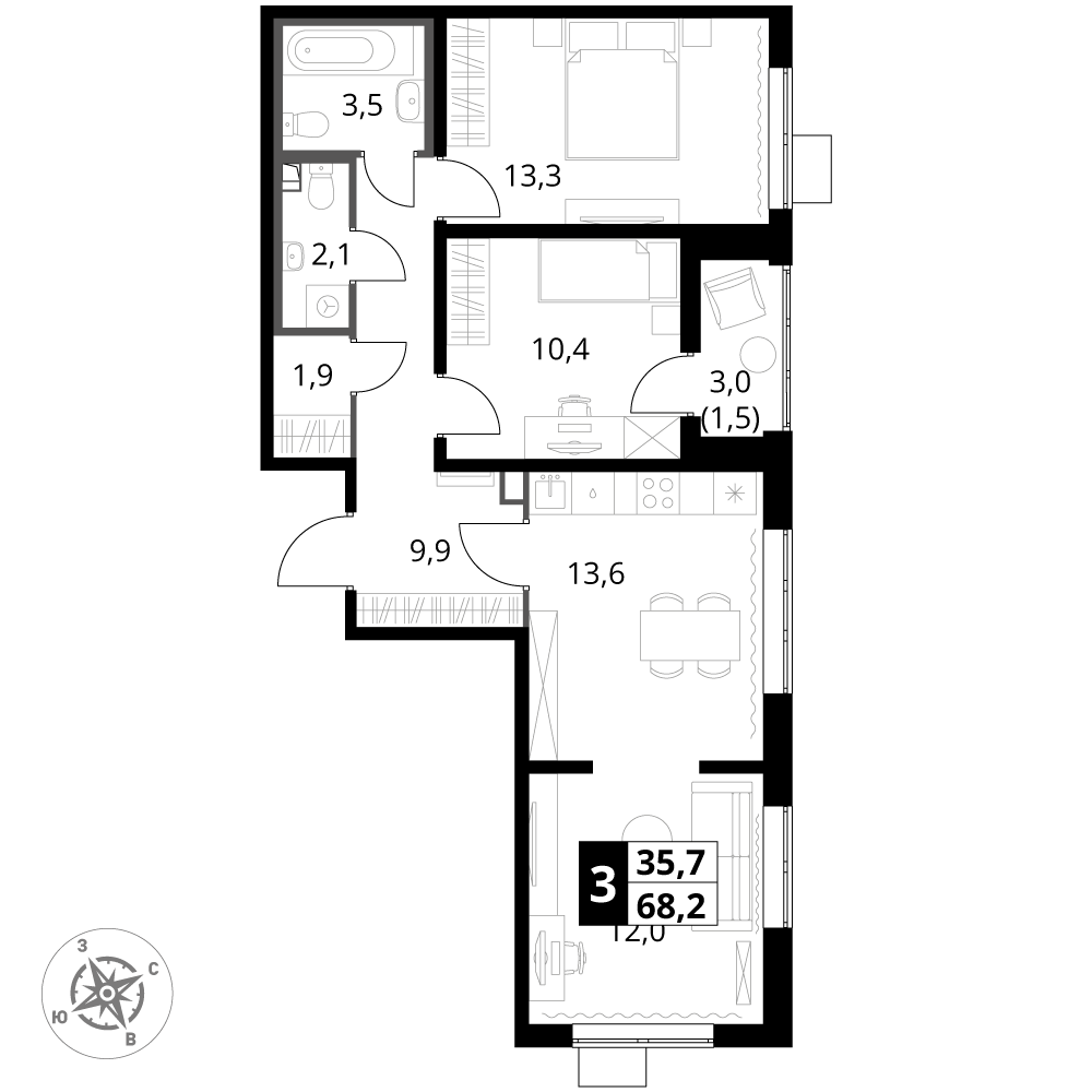 3 комн. квартира, 68.2 м², 23 этаж 