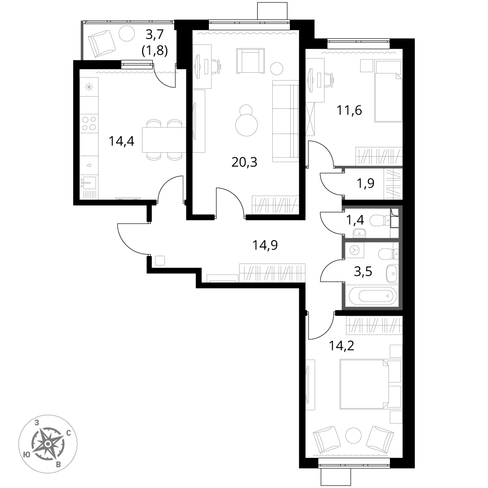 3 комн. квартира, 84 м², 15 этаж 